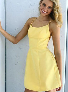 Yellow A Line Spaghetti Straps Satin Knee Length Homecoming Dress with Pockets