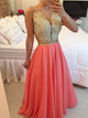 Sexy A Line Beaded Appliques Open Back Chiffon Long Prom dress 