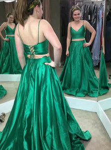 Magnificent Two Piece Green Satin Spaghetti Straps Lace Up Prom Dress with Pleats