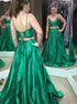 Two Piece Green Satin Spaghetti Straps Lace Up Prom Dress with Pleats LBQ0024