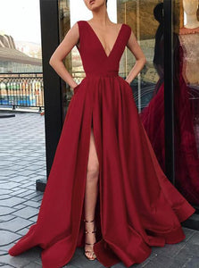 Red A-line Deep V Neck Satin Prom Dress with Slit