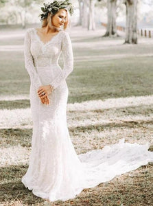 Romantic Sheath Long Sleeves Lace Wedding Dress 