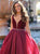 A Line V Neck Floor Length Burgundy Chiffon Prom Dress with Beadings