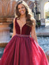 A Line V Neck Burgundy Chiffon Prom Dress with Beadings LBQ0259