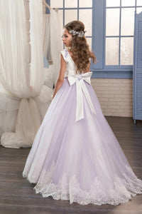  A Line Scoop Tulle Applique And Bow Knot Sweep Train Flower Girl Dresses