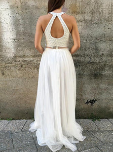 A Line Round Neck Open Back White Prom Dresses with Beading Pearls 