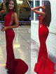 Sexy Mermaid High Neck Sleeveless Sweep Train Red Prom Dress