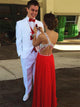 A Line One Shoulder Floor Length Red Chiffon Sleeveless Prom Dresses with Beadings