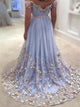 A Line Off the Shoulder Sweetheart Floor Length Appliques Prom Dresses