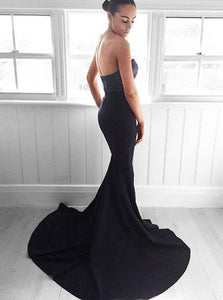 Mermaid Sweetheart Sweep Train Backless Navy Blue Satin Prom Dress with Sequins
