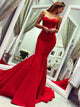 Sexy Mermaid Sweetheart Red Satin Sweep Train Prom Dresses