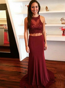 Two Piece Sexy Burgundy Bateau Open Back Prom Dress with Appliques