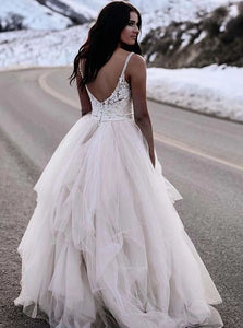 A Line Spaghetti Straps Sleeveless Lace Wedding Dress