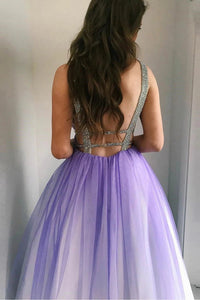Deep V Neck Purple Open Back Tulle Prom Dresses with Beadings Floor Length