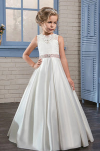 Scoop Appliques Satin Lace Up Flower Girl Dresses