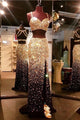 Sparkly Gold And Black Beading Sheath Open Back Prom Dresses 