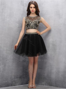 Two Piece Open Back Black Short Tulle Homecoming Dress with Gold Sequins 