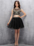 Two Piece Open Back Black Mini Homecoming Dress with Gold Sequins LBQH0023