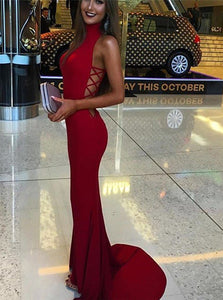 Chic Mermaid High Neck Sleeveless Sweep Train Red Spandex Prom Dress