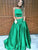 Square Neck Spaghetti Strap Sweep Train Green Satin Two Piece  Prom Dress