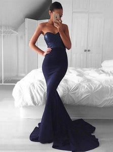 Mermaid Sweetheart Sweep Train Navy Blue Prom Dresses with Sequins