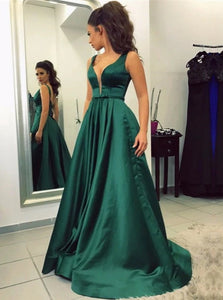 A Line V Neck Sweep Train Emerald Satin Sleeveless Prom Dresses with Pockets LBQ0260