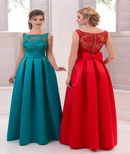 Scoop Satin  Prom Dresses With Appliques And Ruffles Floor Length