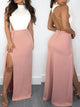 Mermaid White and Pink Halter Backless Satin with Slit Sleeveless Prom Dresses