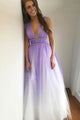 Deep V Neck Purple Open Back Tulle Sleeveless Prom Dresses with Beadings 