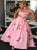 Ball Gown Pink Satin Prom Dresses with Appliques