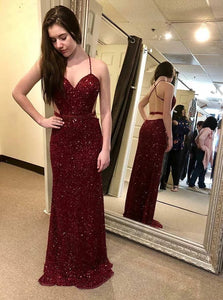 Sexy Red Sheath Spaghetti Straps Sequined Prom Dress