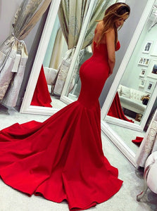 Chic Mermaid Sweetheart Red Satin Sleeveless Sweep Train Prom Dresses