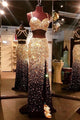 Sparkly Gold And Black Beading Sheath Spaghetti Straps Chiffon Prom Dresses 