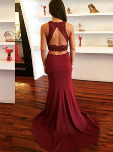 Two Piece Burgundy Round Neck Open Back Sweep Train Prom Dress with Appliques
