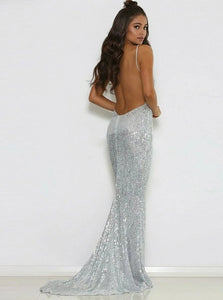 Elegant Sliver Mermaid Spaghetti Straps Backless Sequins Prom Dress with Sweep Train