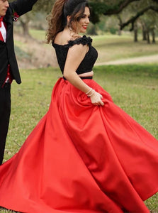 Two Piece Red Satin Off the Shoulder Sweep Train Evening Dress with Beading Flowers