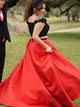 Two Piece Red Satin Off the Shoulder Sweep Train Evening Dress with Beading Flowers