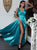 A Line Split Turquoise V Neck Satin Sweep Train Prom Dresses 