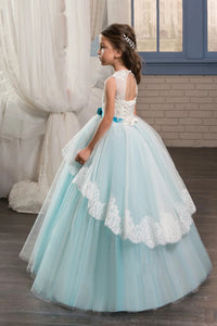 Lovely Blue Ball Gown Scoop Applique Tulle Floor Length Flower Girl Dresses 