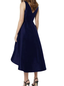 Royal Blue A Line Tea Length V Neck Satin Sleeveless Bridesmaid Dresses