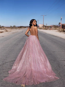 Gorgeous Sparkly A Line Pink Sequins Rose Gold Prom Dresses