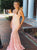 Pink Mermaid Sleeveless Lace Backless Beadings Prom Dress with Sweep Train