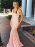 Pink Mermaid Sleeveless Lace Backless Beadings Prom Dress LBQ0147