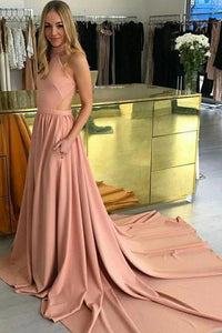 Pink Halter Open Back Satin Evening Dresses