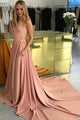 Pink Halter Open Back Satin Evening Dresses