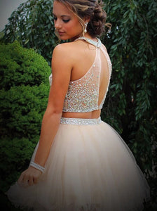 Two Piece Open Back Mini Champagne Sleeveless Homecoming Dress with Beading Sequins 