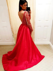 A Line V Neck Sweep Train Red Satin Open Back Prom Dresses with Beadings