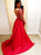 A Line V Neck Sweep Train Red Satin Open Back Prom Dresses with Beadings