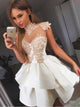 High Neck White Satin Prom Dresses with Appliques