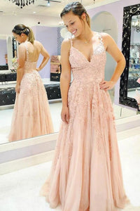 A Line Lace Appliques Prom Dresses with Spaghetti Straps MOS08